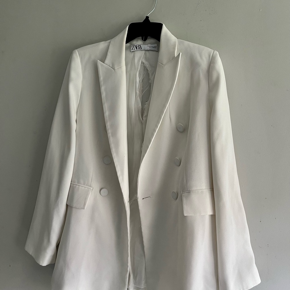 Zara White Double-Breasted Blazer Size M - Lining Needs Repair